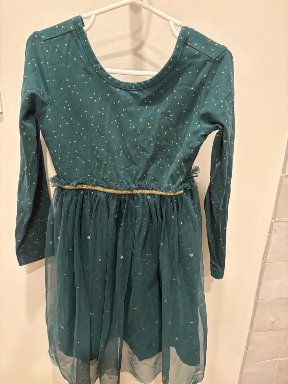 Hanna Andersson Teal Long-Sleeve Star Tulle Dress with Gold Accents